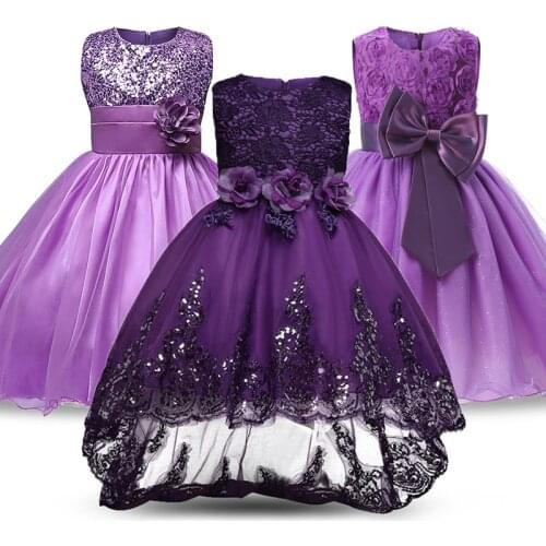Purple Dress Lace Formal Evening Wedding Gown Tutu Princess Dress Flower Girls Children Clothing Kids Party for Girl Clothes
