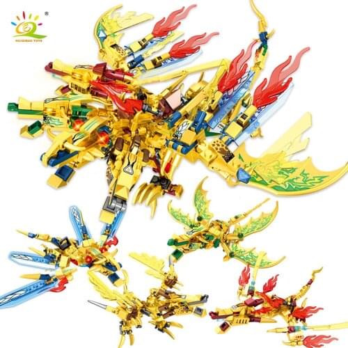 HUIQIBAO 4in1 Ninja Golden Flying Dragon Knight Fight Movie Model Building Blocks City DIY Kai Jay Figures Toys Children Boys