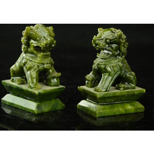 Exquisite Chinese Green jade Carving Fengshui Foo Fu Dog Guardion Door Lion Pair