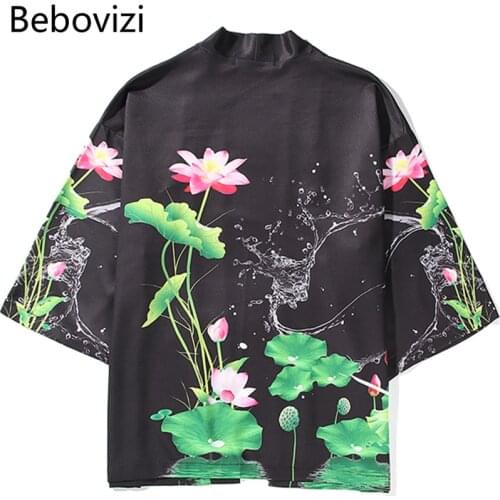 Bebovizi Japanese Style Lotus Floral Cardigan Beach Kimono Harajuku Women Man Yukata Streetwear Graphics Sexy Traditional Robe