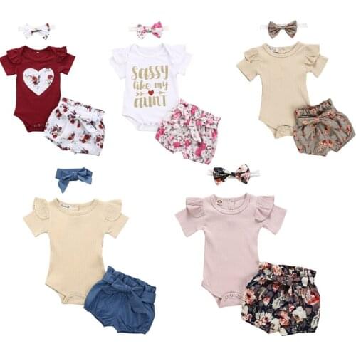 Newborn Baby Girls Clothes Sets 2021 Summer Short Sleeve Bowtie Romper+Shorts Dress+Headband Infant babe girl clothing outfit