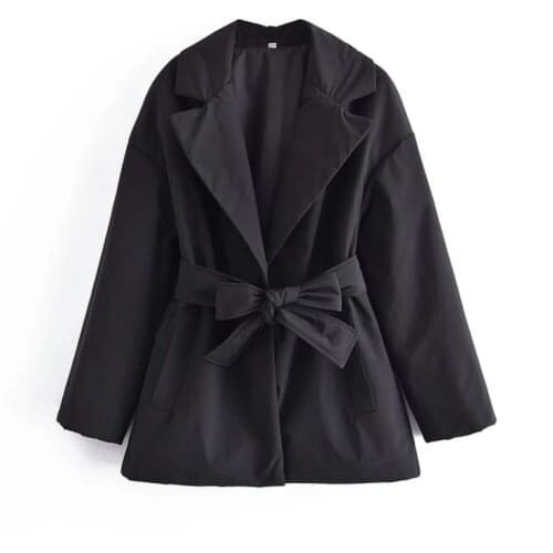 Trendy Turn Down Collar Tie Belt Parkas Women Vogue Loose Solid Coats Women Elegant Pockets Cotton Jackets Female Ladies