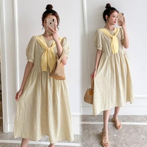 New Korean Style Pregnant Women Loose Dress With Short Sleeves Plus Size Maternity Plaid Dress Fashion Pregnancy A-line Dress