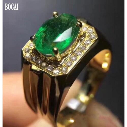 BOCAI New pure s925 silver jewelry gold-plated inlaid natural emeralds 5*7mm fashionable Man and Woman ring high-quality