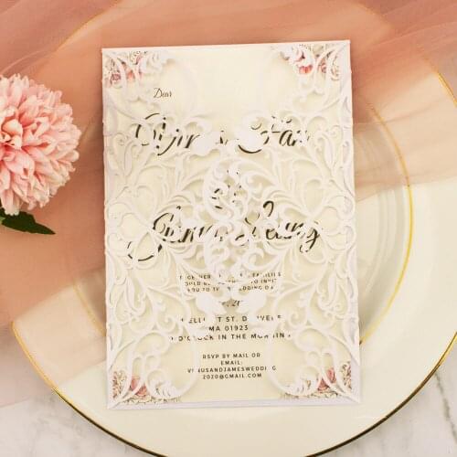 1pcs free shipping Laser Cut Pearl white Paper hollow gate wedding invitation cards for Bridal shower birthday sweet party cover