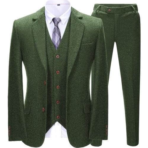 Wool Mens Business Suit Slim Fit Green Houndstooth Navy Tuxedos Blazer+Vest+Pants 3 Pieces For Party Wedding Banquet Prom Stage