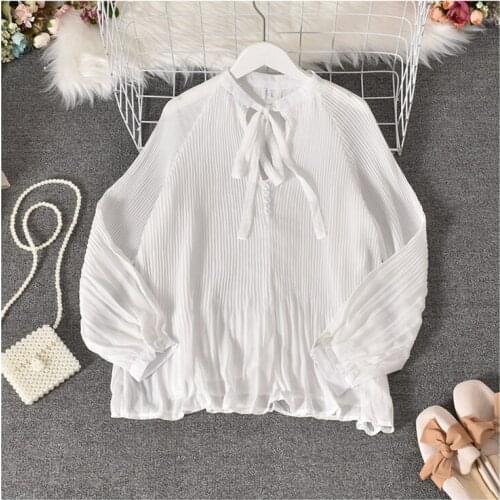Chiffon Shirt 2021 Early Autumn New Bow Pleated Pleated Lace Chiffon Shirt Solid Color Loose Top HK140