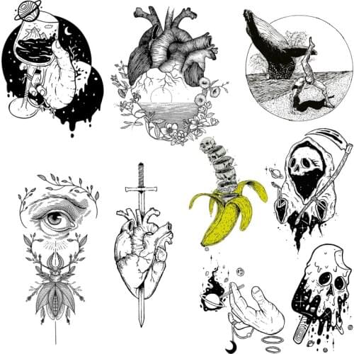 Punk Skull Ironing Stickers Heat Transfer Vinyl Patch Thermal Iron On Transfer For Clothes T -Shirt Black And White Appliques