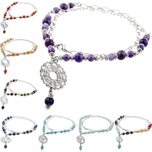 TUMBEELLUWA Healing Crystal Stone Beads Chakra Symbol Pendant Necklace,Energy Yoga Reiki Balancing Jewelry