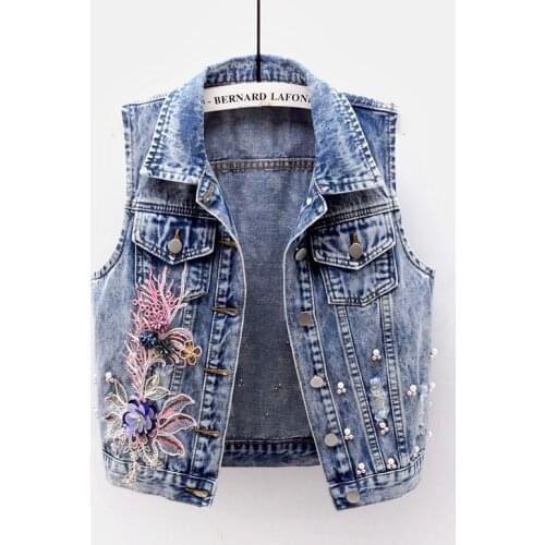 Spring Korean Beading Applique Short Denim Vest Women Waistcoat Plus size Slim Sleeveless Jacket Coat Vintage Jeans Vest Female