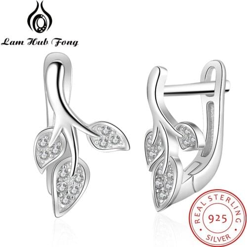 925 Sterling Silver Hoop Earrings Fashion korean Leaf Earrings CZ Stone Earrings Fine Jewelry Wedding Women Gifts (Lam Hub Fong)