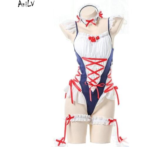 AniLV Anime Lolita Girl Princess Maid Bodysuit Swimsuit Sukumizu Costume Ruffle Backless Lingerie Pajamas Uniform Cosplay