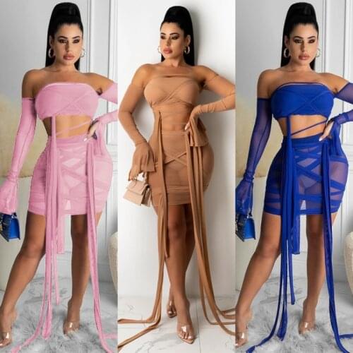 Sexy See Through Women Sets Summer holidays mesh 2PCS Set Flare Sleeve Bandage Crop top+ Mini Skirts Night Club Partywear