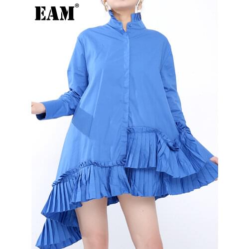 [EAM] Women Blue Pleated Asymmetrical Shirt Dress New Stand Collar Long Sleeve Loose Fit Fashion Spring Autumn 2021 1D70105