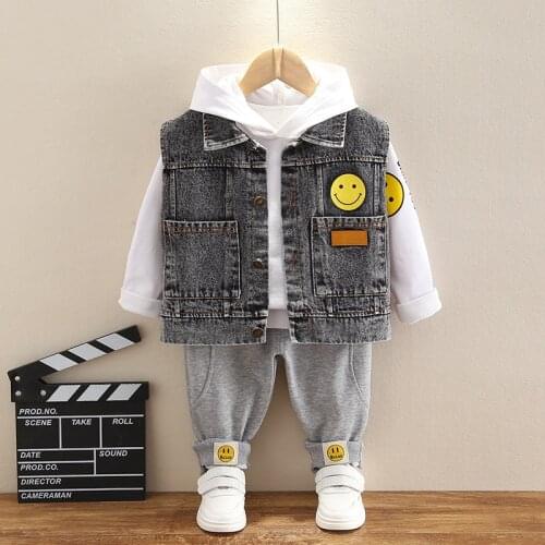 Spring Autumn Baby Boys Clothes Sets 2021 Fashion Smiling Face Printing 3pcs Suits Kids Denim Vest+Hoodie+Pants Girls Clothing