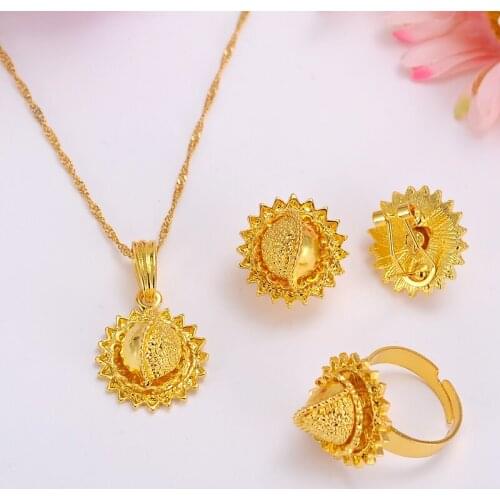 Bangrui Ethiopian Gold Color Necklace Pendant Earrings Ring Habesha Wedding Eritrea Africa Arab partyGift