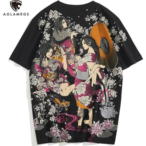 Aolamegs Loose Tshirts Men Casual Tops Tees Shirts Hip Hop Streetwear Cherry Blossoms Embroidery Japanese Geisha Print T-shirts