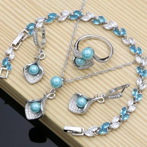 Blue Pearls Horn 925 Sterling Silver Bridal Jewelry Sets For Women Earrings With Stone Plant Design Ring Bracelet/Necklace Set