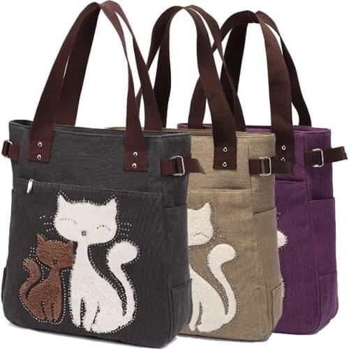 Lovely Cute Cat Canvas Handbag for Girls Ladies Large Capacity Casual Bag Women Portable Solid Zipper Shoulder Bag Bolsos Mujer