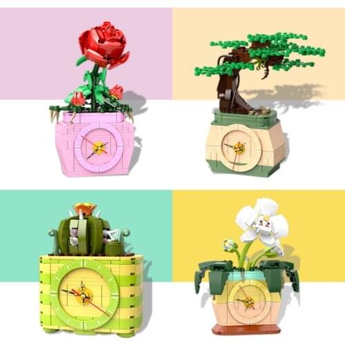 New MOC Cactus Bonsai Orchid Rose Flower Bouquet Building Blocks Assemble Alarm Clock Model Bricks Education Toys For Children