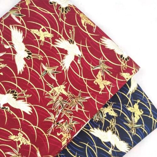 Crane Cotton Bronzing Japanese Fabric For Clothing Jewelry, Making Kimono DIY Cheongsam, Handbag, Waistband Red Navy Blue