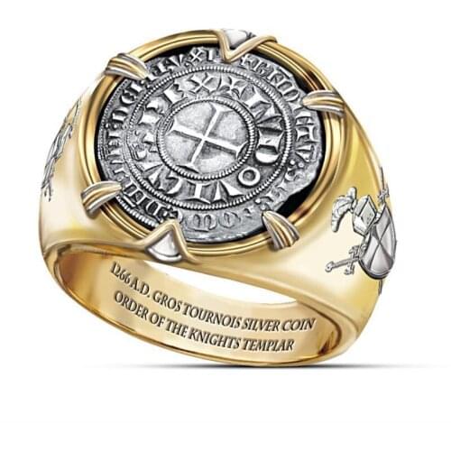 Cross Warrior Gold Plated Commemorative Coin Ring Gold Coin Mens Ring New Ring of Bravery Fashion Creative Retro Jewelry Gift
