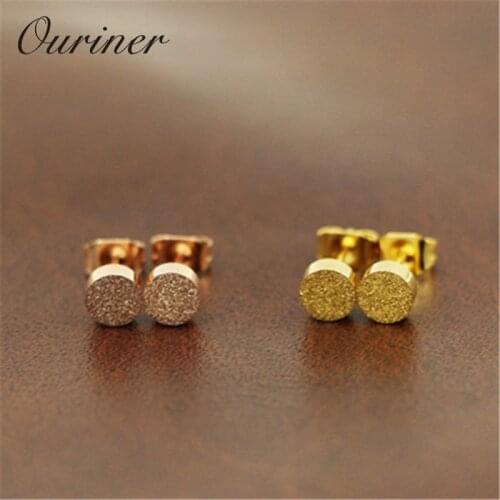 Fashion Jewelry Rose Rold Color Cute Round Frosted Tiny Stud Earrings For Women Girl Titanium Steel Bean Earrings KE008