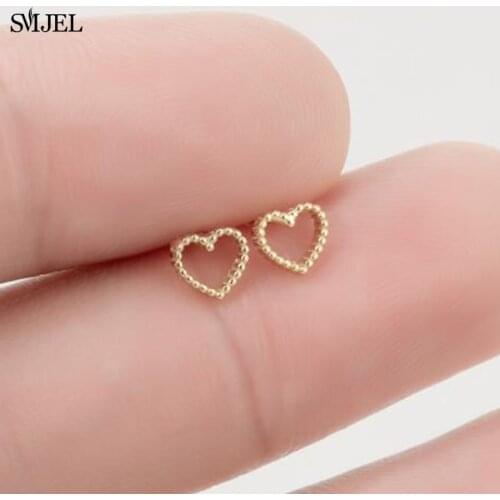 Trendy Minimalist Gold Color Mini Small Love Heart Stud Earrings for Women Student Teen Jewelry Gifts Hollow Peach Earring 2021