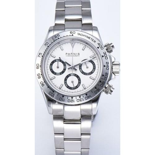 New arrive 39mm PARNIS white dial quartz mens watch solid case full Chronograph