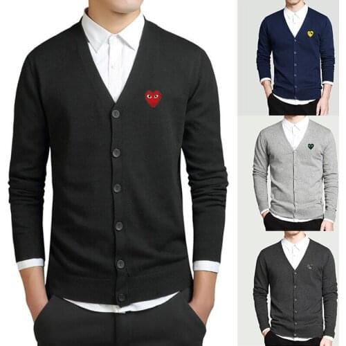 Have Eyes Men Sweater Spring Autumn Cartoon Embroidery Love Single-breasted Cotton Sweater Slim Long-sleeved V-neck Solid Jacket