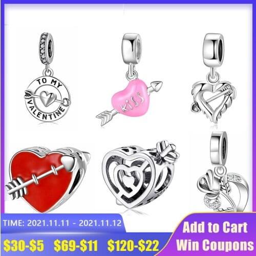 New 925 Sterling Silver Red Enamel Cupids Arrow Hearts Charm Fit European bracelet for women Jewelry Accessories wedding gift