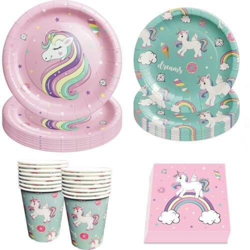 Rainbow Unicorn Disposable Tableware Unicornion Plates Cups Unicorn Kid One 1st 2 3 Happy Birthday Party Decor Baby Shower Girl