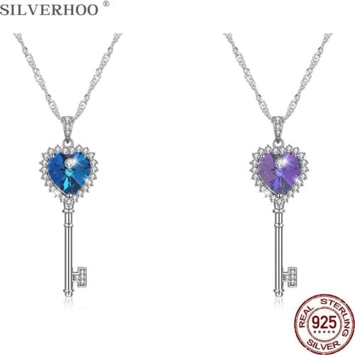 SILVERHOO 925 Sterling Silver Shining Key Of Love Pendant Necklaces For Women Heart Austria Crystal Romantic Anniversary Gift