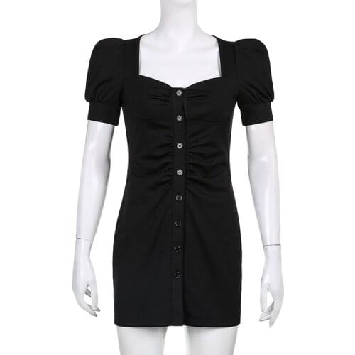 Women New Black Chic Fashion Button-Up Draped Midi Shirt Dress Vintage Short Puff Sleeve Girls Fit Dresses Vestido Female