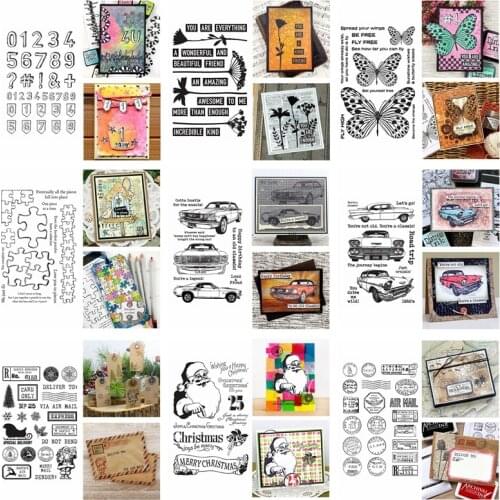 Clear Stamps Classic Car Santa Claus Merry Christmas Ornament Seal Puzzle Pieces Numbers Words Butterflies Dandelion DIY Craft