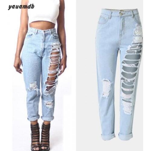 Size Xs-3XL Women Denim Jeans New Spring/Summer Female Loose Ankle-Length Pants Sexy Ripped Pencil Hole Trousers Clothes Y72
