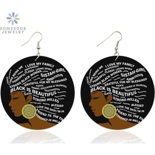 SOMESOOR Strong Black Woman Printing African Wooden Drop Earrings Powerful Words Sistah Girl Afro Natural Hair Blessed Dangle