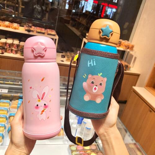 500ML Cartoon Animal Stainless Steel Vacuum Flask Thermos Cup Mug for Kids Childen Portable Cute Straw Water Bottle with Bag