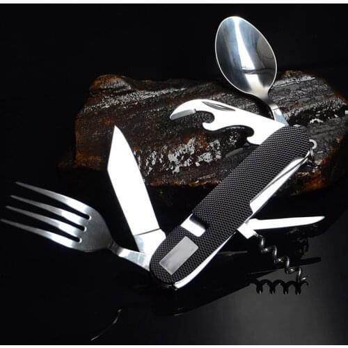 Outdoor Multitool with Kinfe, Fork, Bottle/Can Opener Spoon Cork Screw and Key Ring for Camping and Hiking