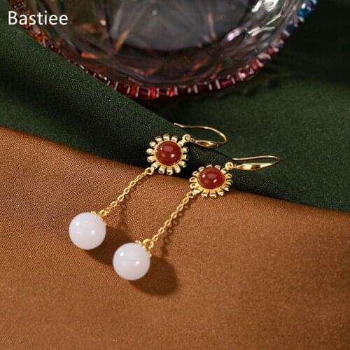 Bastiee Flower Jewelry For Women Silver 925 Jewelry Jade Jewelry Dangle Earrings Korean Earrings Long Earrings