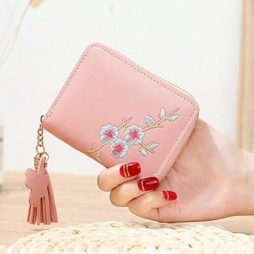 Embroidery Flowers Women Wallets Short Zipper Coin Purses Female Tassel Pu Leather Card Holder Ladies Mini Clutch Money Bag