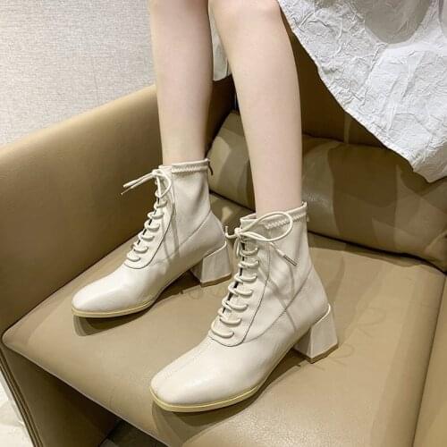 2021 Square Toe Women Leather Boots Heels For Ladies Work&Safety Ankle Boot Shoes Woman Zipper Winter Warm Footwear Handmade
