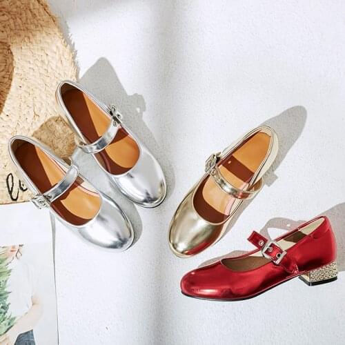 YQBTDL New Arrival Silver Gold Red Low Heels Ladies Pumps Plus Size Summer Girls Party Mary Jane Shoes for Women Chunky Heel