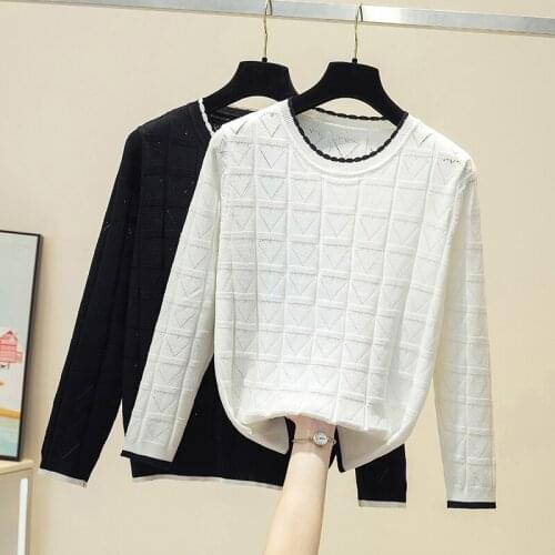Hollow Out White O Neck Korean Fashion Sweater Women Autumn 2021 Casual Female Long Sleeve Tops Knitted Pullovers Pull Femme