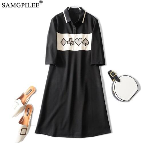 Summer Women Clothing 2021 New Embroidered Pattern Polo Collar Matching Short Sleeve Slim Knee Length Plus Size Woman Dress 4XL