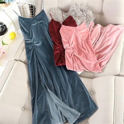 New Spring Women Long Spaghetti Strap Dress Sexy V-Neck Velvet Dresses Female Split Backless Tank Dress Sleeveless Vestidos 1762