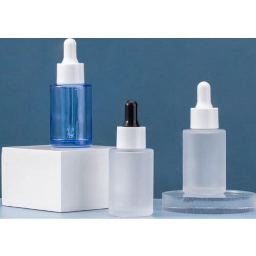 12pcs/lot 30ml Forst Clear Blue Glass Dropper Bottle with White Black Pipette Drop For Cream Essence Serum Cosmetic Container