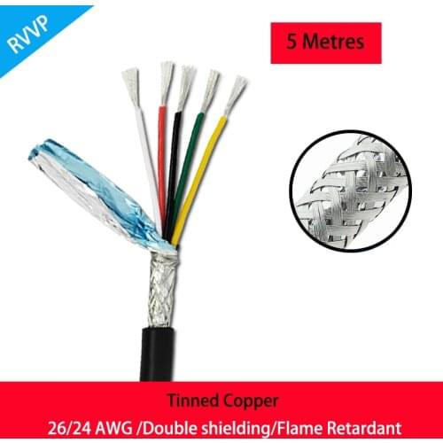 5Meters RVVP Tinned Copper Cable 26/24 AWG 2/3/4/5/6/8/10 Cores Shielded Control Signal Wire Black Insulated PVC Audio Cable