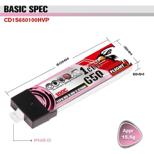 5PCS CODDAR 1S 3.8V 650mAh 100C PH2.0 Plug HV Lipo Battery for UK65 US65 Happymodel Mobula7 Beta95X Snapper BetaFPV 65S Drone