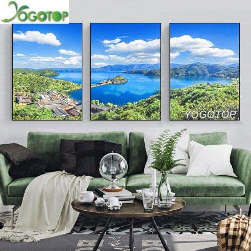 Diy Diamond Painting Natural Scenery 5D mosaic diamant Embroidery Art Blue Sky White Clouds Mountain Lake Forest 3pcs/set ML1058